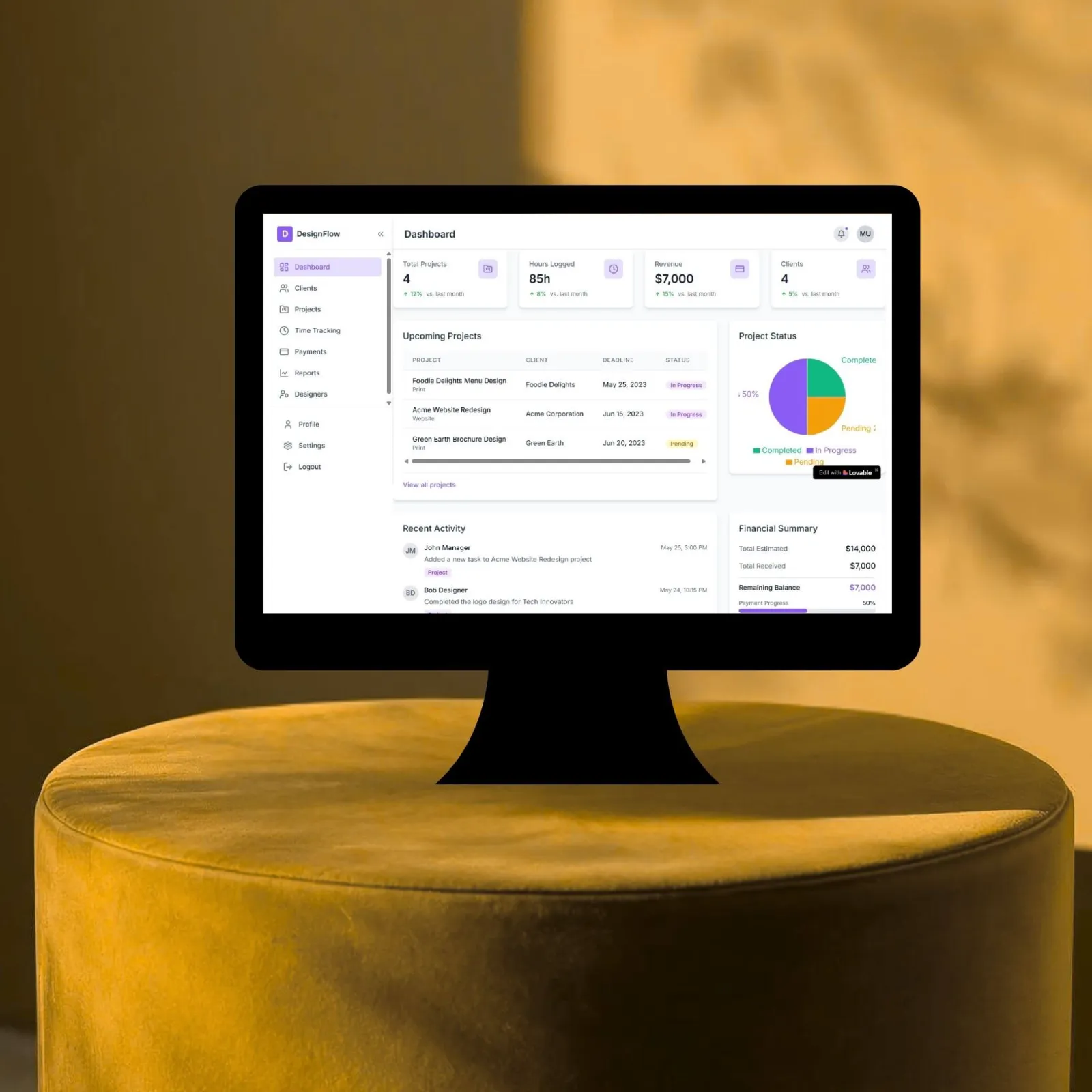 Project tracking CRM dashboard by CoregenX with projects, deadlines and payments, shown on a monitor